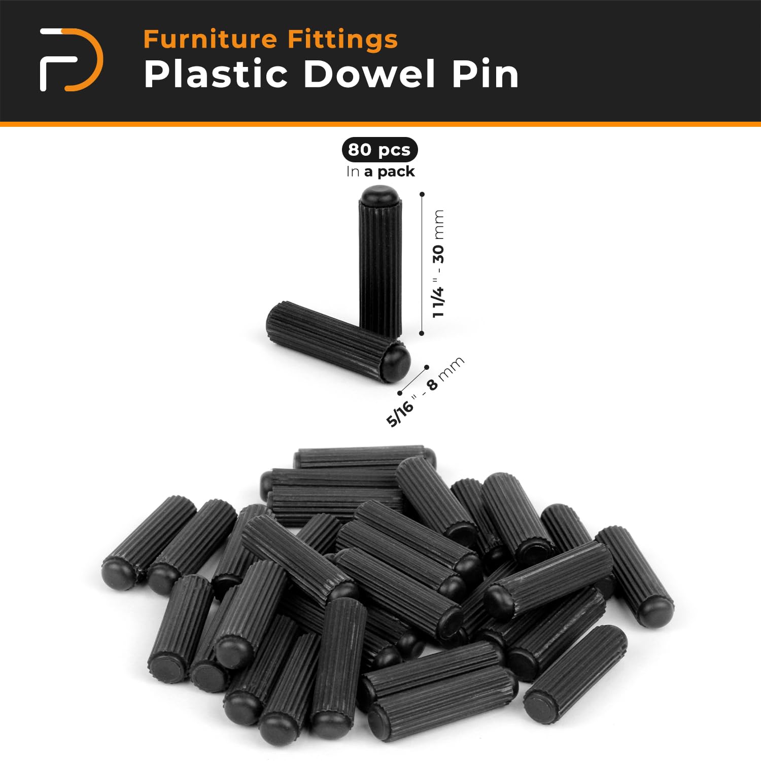 Plastic Dowel Pins, Fluted | Easier Insertion Straight Grooved Pins, Craft, DIY, Carpentry (Black)