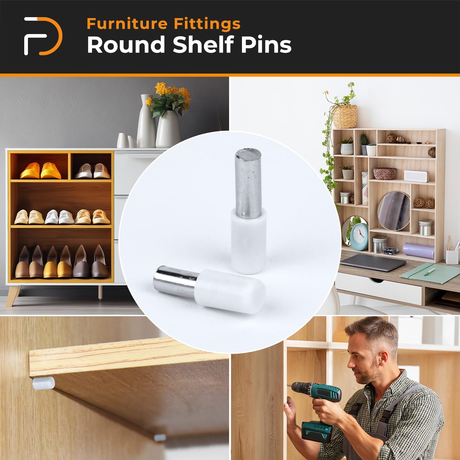 Round Shelf Pins | Shelf Support Pegs for Cabinet (100Pcs, White)