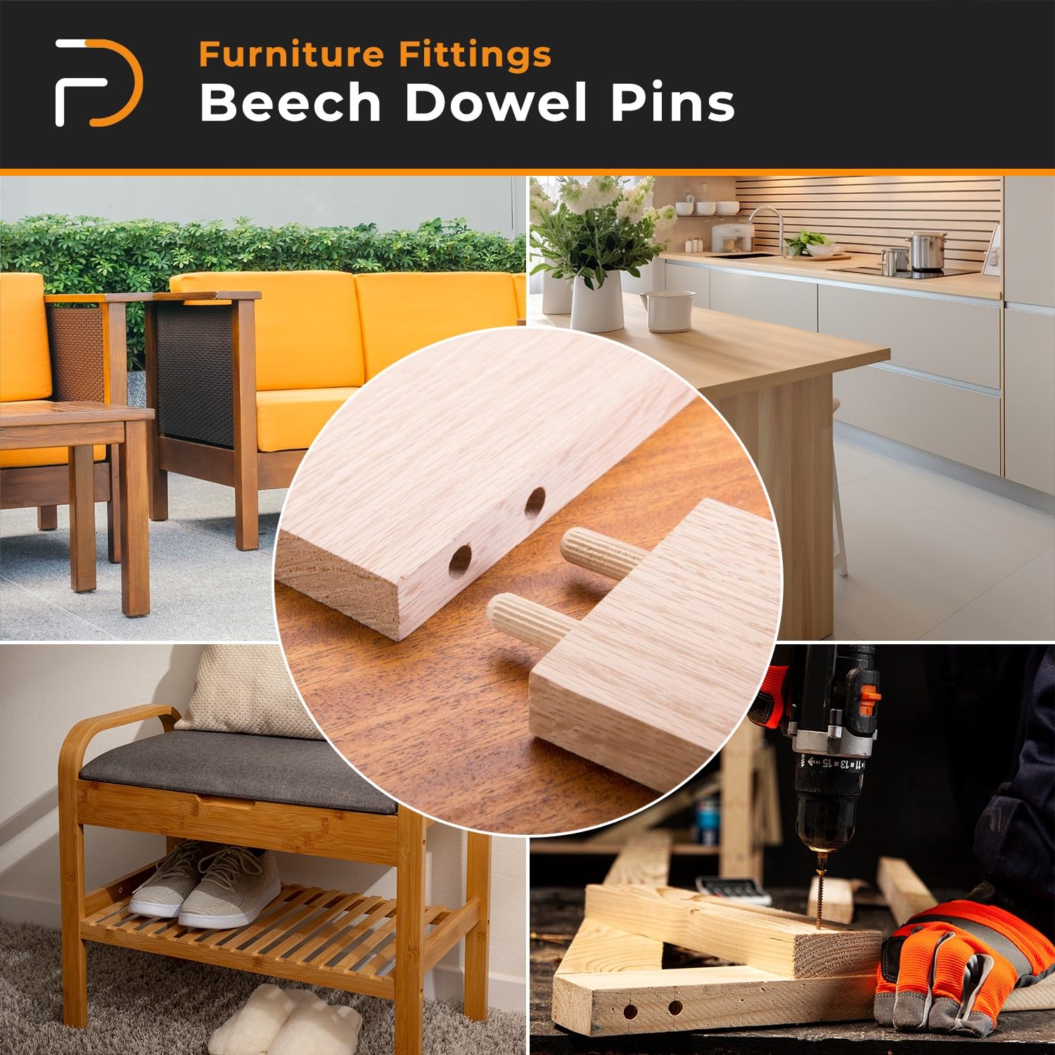 Wood Dowel Pins, Fluted | Easier Insertion Straight Grooved Pins, Craft, DIY, Carpentry (Beech)