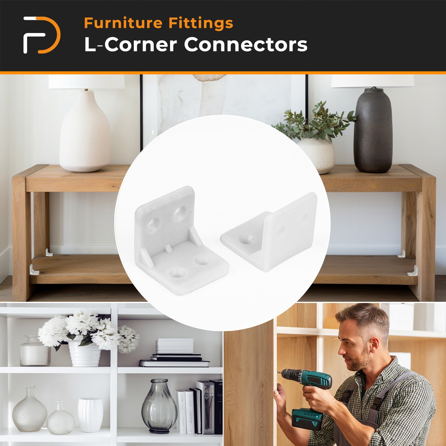 L Shape Corner Connector | Plastic Furniture Corner Brace 4-Hole | Shelf Support Bracket (20Pcs, 25mm - White)