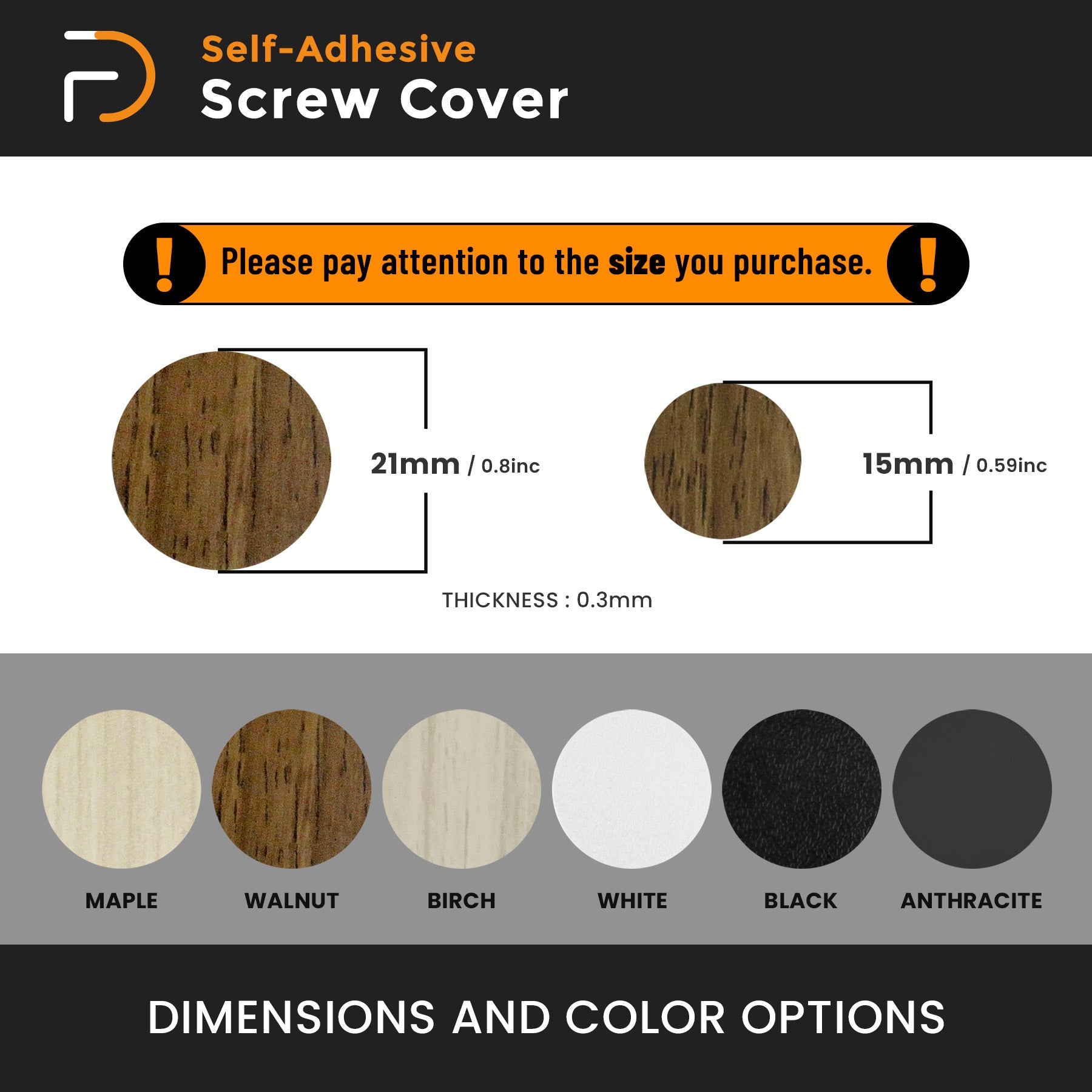 Furndiy Self-Adhesive Screw Cover Caps (Anthracite)