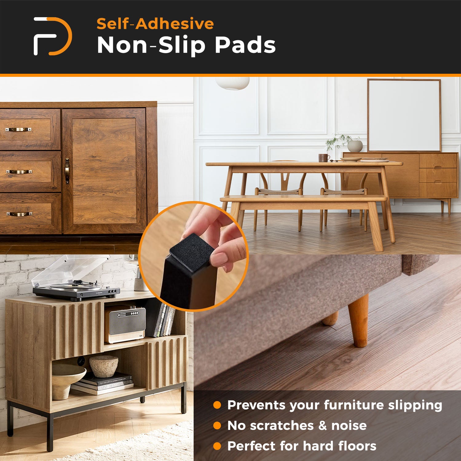 Furndiy Self-Adhesive Non-Slip Eva Pads for Chair & Seat Furniture Feet Pads Hardwood Floor Protection - Noise Stopper (Black)