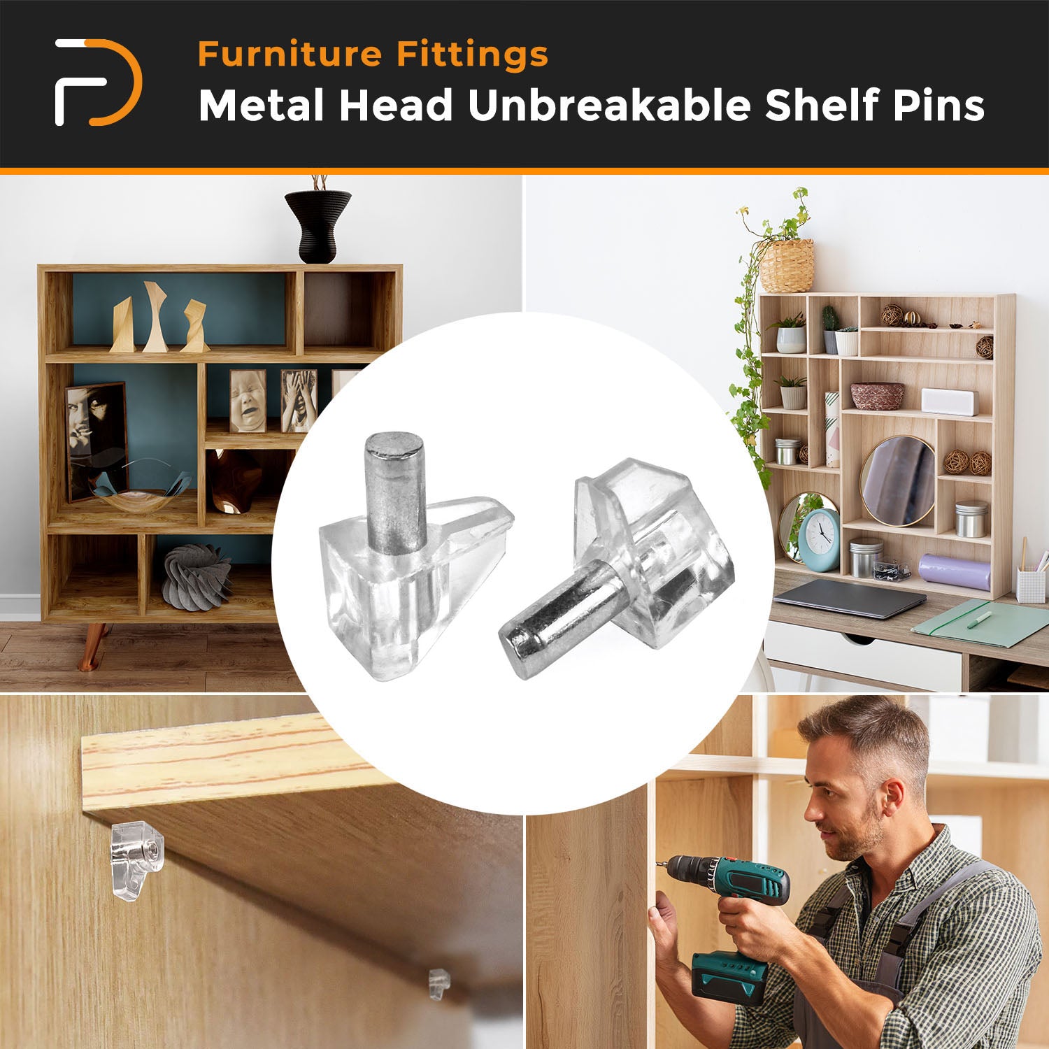 Metal Headed Crystal Shelf Support Pins | Shelf Holder Pins for Cabinet (100Pcs, Transparent)