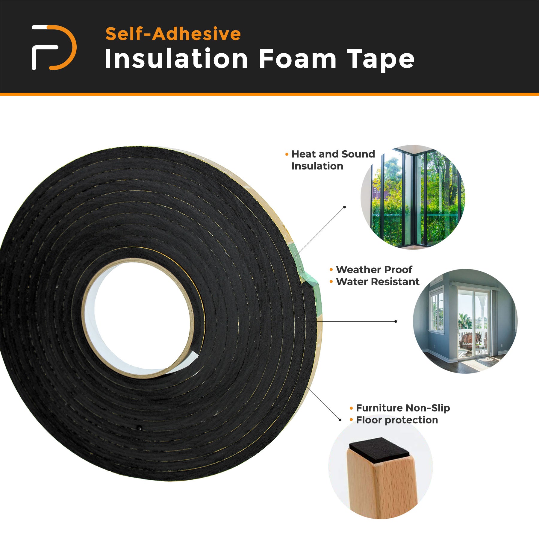 Furndiy Insulation Tape, Weather Stripping Door Seal Strip for Doors and Windows, Sound Proof Door Seal, Weatherstrip, Air Conditioning Seal Strip