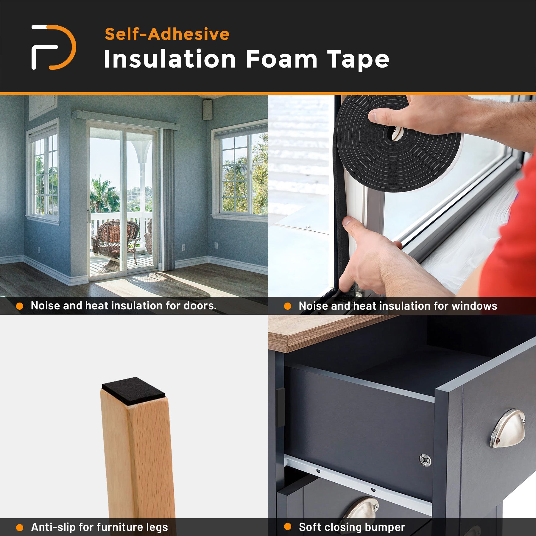Furndiy Insulation Tape, Weather Stripping Door Seal Strip for Doors and Windows, Sound Proof Door Seal, Weatherstrip, Air Conditioning Seal Strip
