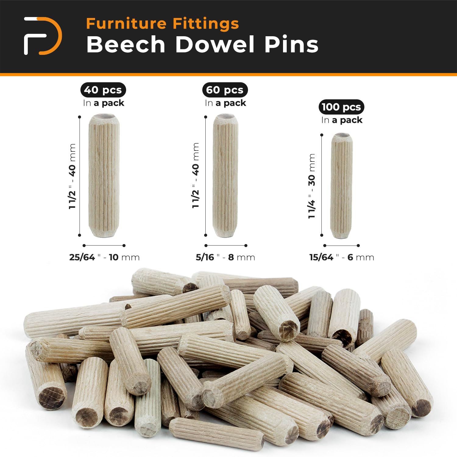 Wood Dowel Pins, Fluted | Easier Insertion Straight Grooved Pins, Craft, DIY, Carpentry (Beech)