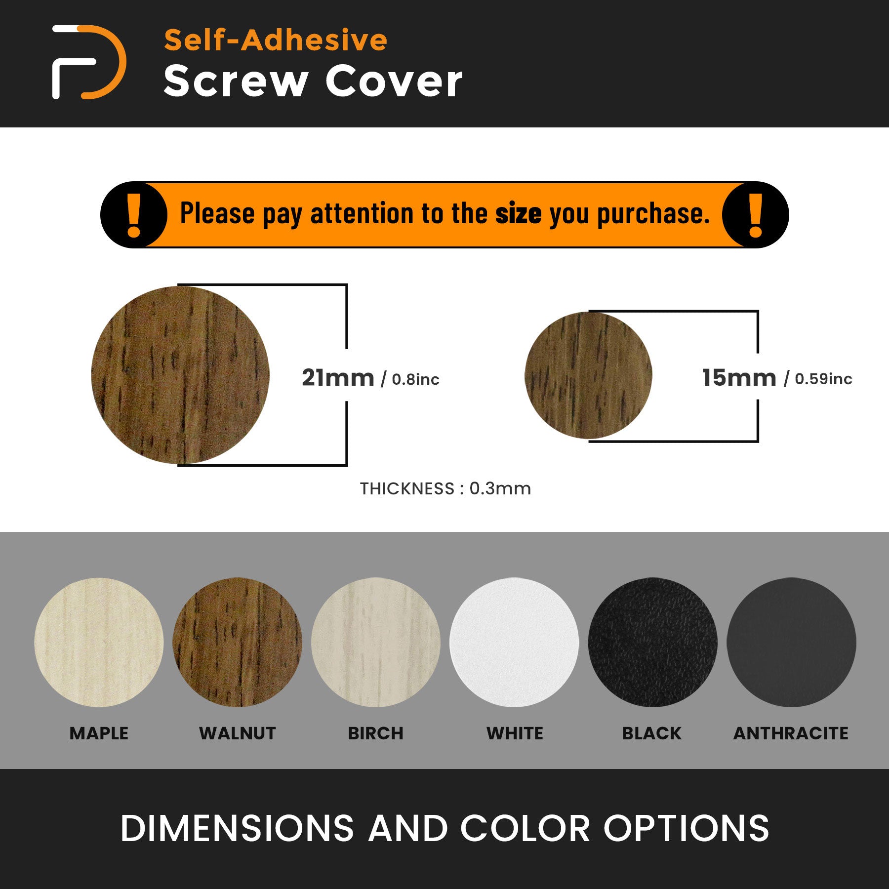 Furndiy Self-Adhesive Screw Cover Caps (Walnut)